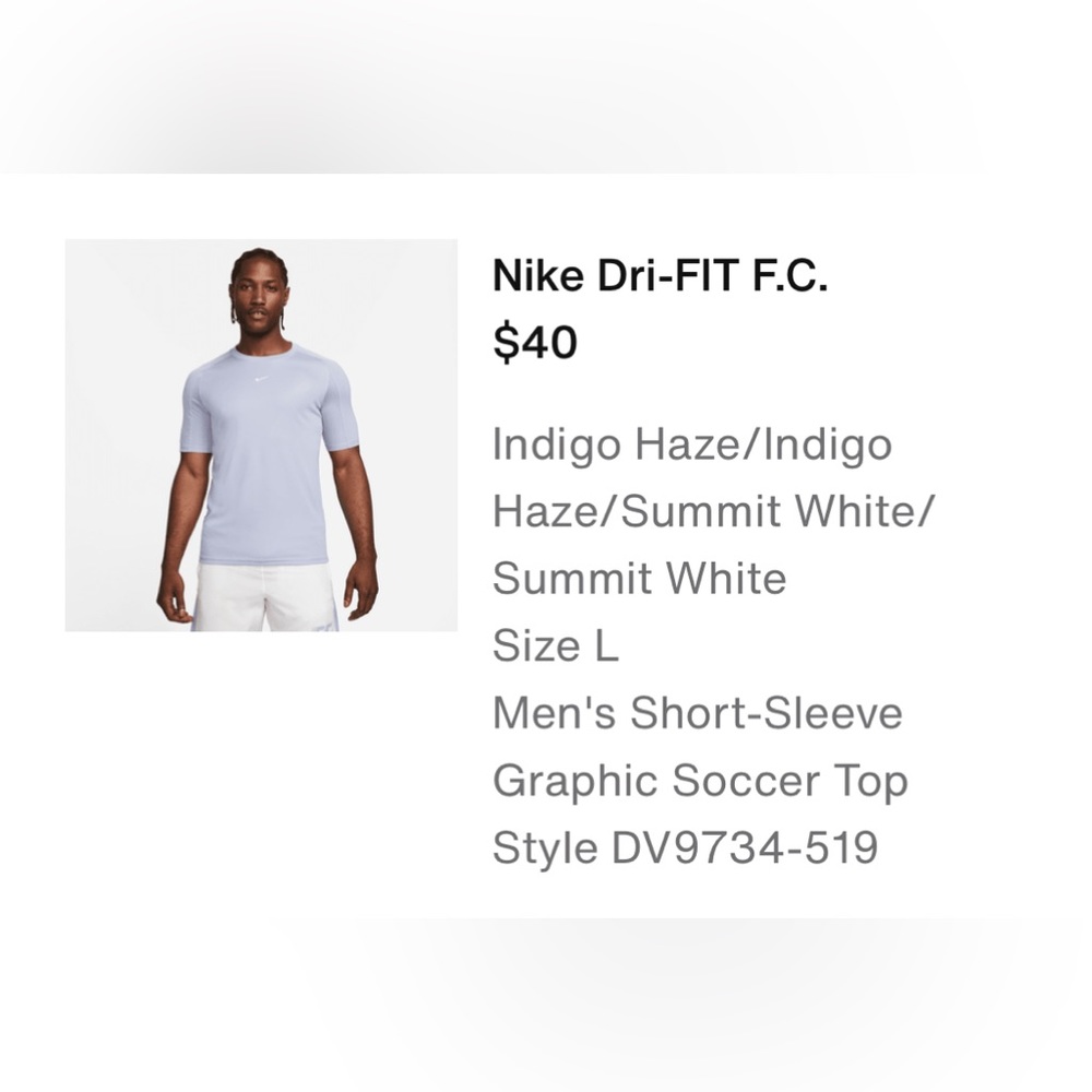 Nike Men’s Dri-FIT FC Soccer Top - Large - Indigo Haze